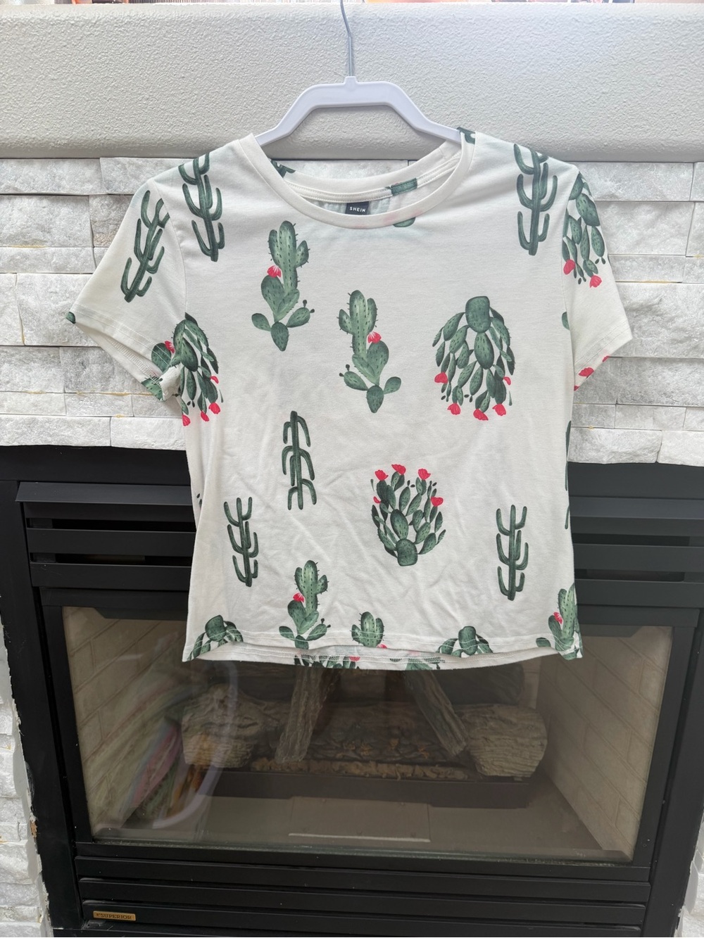 SHEIN White Tee with Green Cactus & Pink Bloom Print
